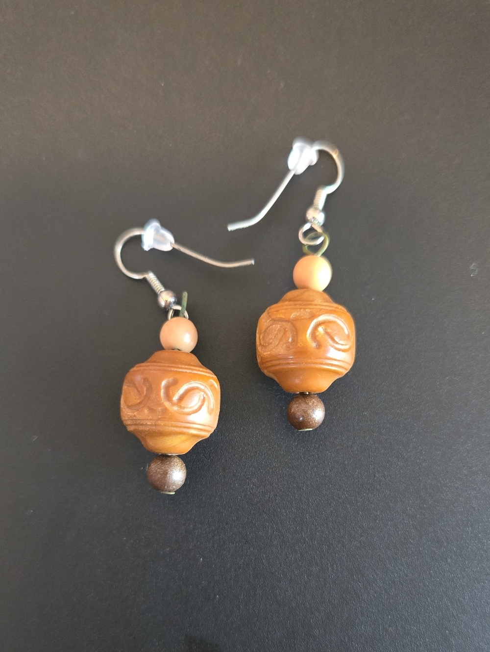 Carved Brown Beaded Dangle Earrings